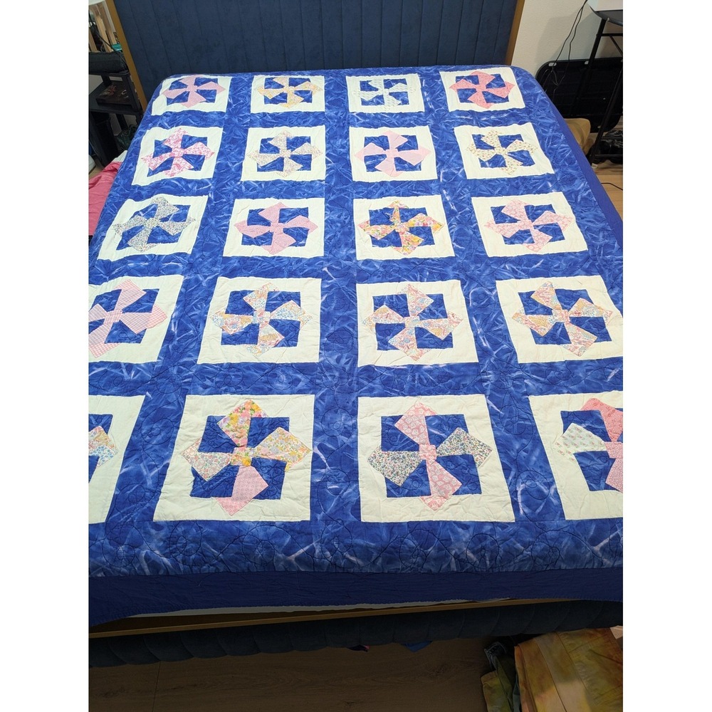VTG Handmade Patchwork Quilt Twin Blue Pink Pinwheel Floral 86x70 Cotton Quilted